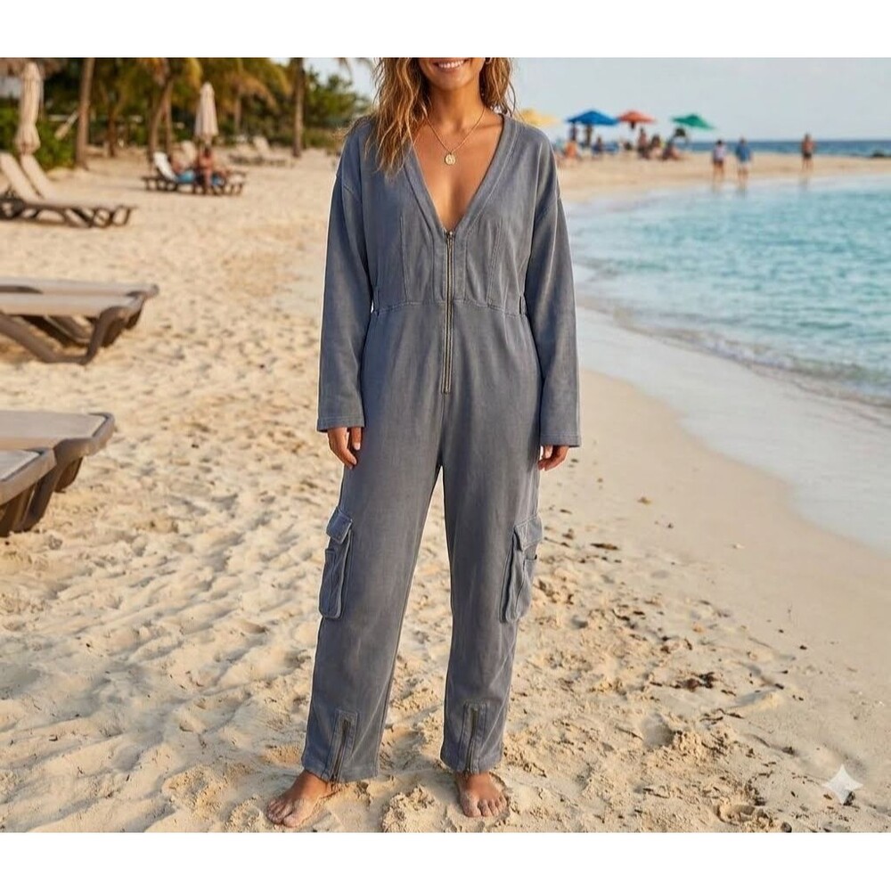 Free People Cargo Jumpsuit Dress Long Sleeve Wide Leg  V-Neck Cotton L 289861